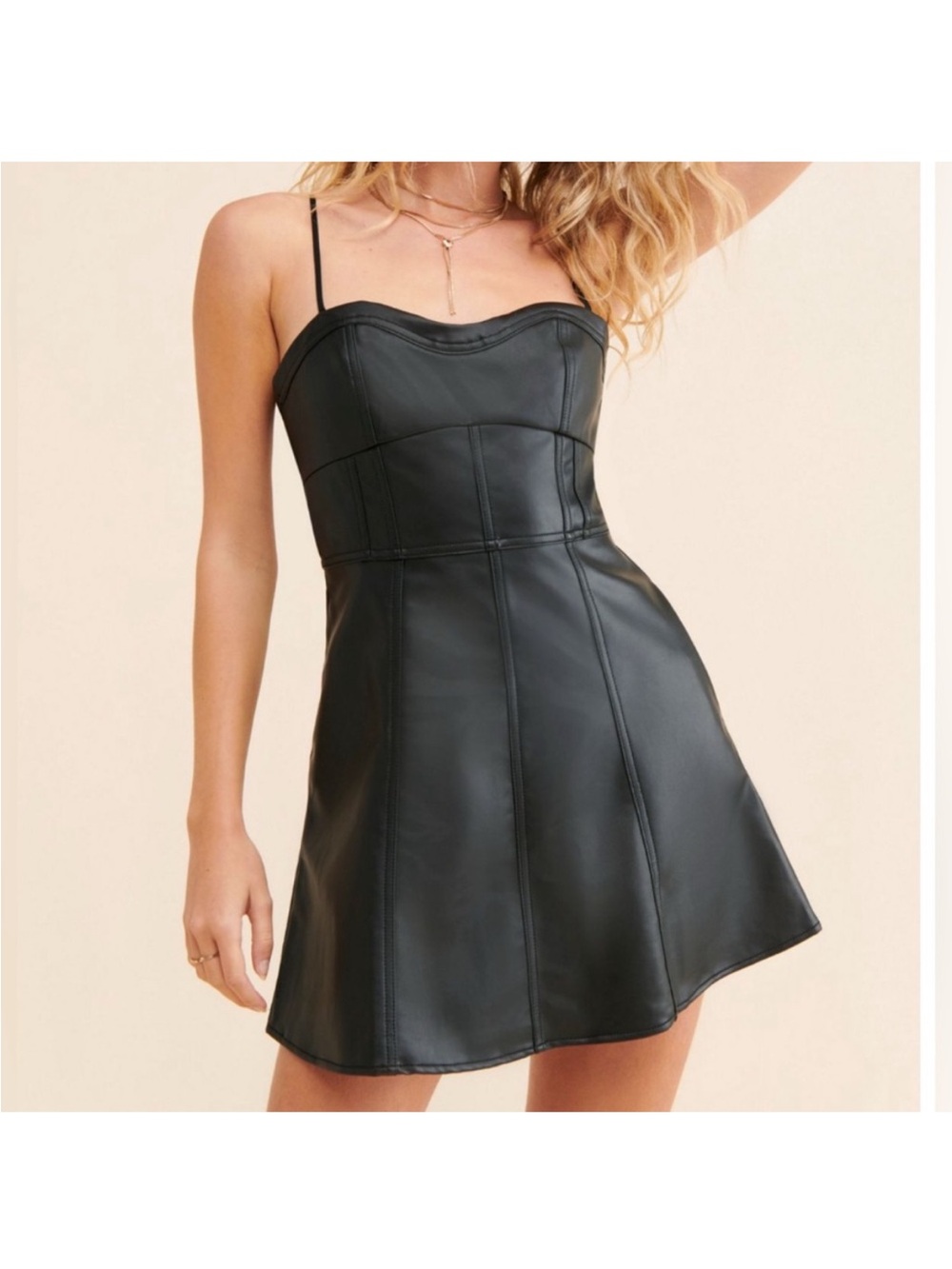Free People Black Veronica Mini Dress Faux Leather Corset Tie Straps Size 14 / L